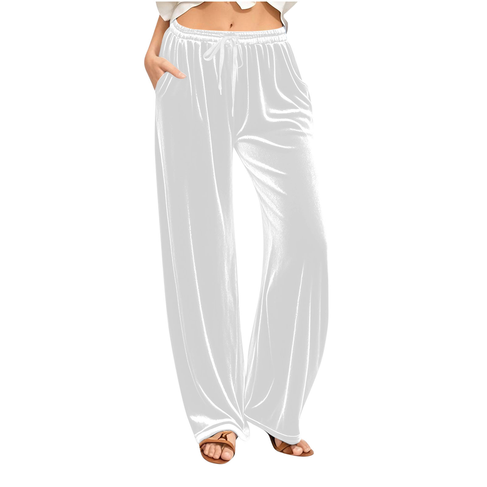 Womens Velvet Wide Leg Pants Elastic Waist Loose Fit Lounge Trousers